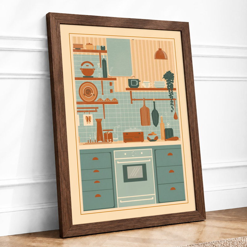 Organized Kitchen Shelves Mid-Century - Framed Print, A1 - 84.1 x 59.4 cm, Walnut