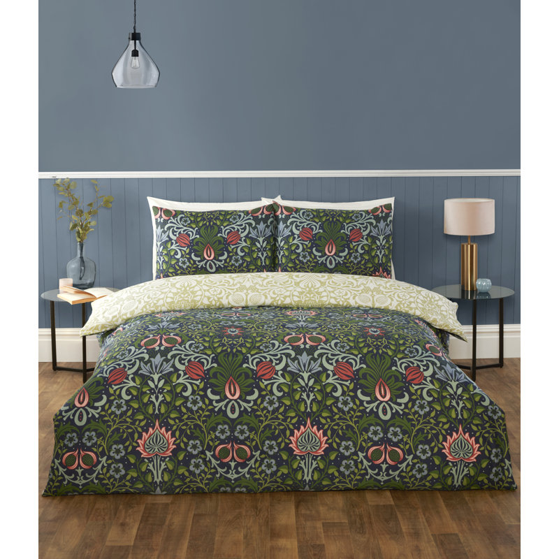 HERITAGE FLORA Microfiber / Polyester Floral Duvet Cover Set with Pillowcases, 3, Kingsize, Navy