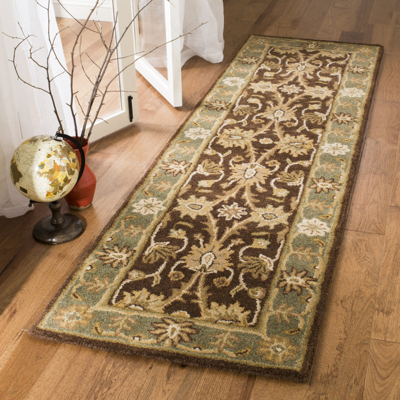 Dunbar Hand Tufted Wool/Cotton/Latex Oriental Rug in Chocolate/Blue, Runner 2'3" x 8'