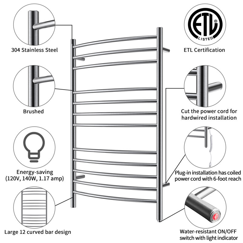 Brushed Stainless Steel Wall Mounted Towel Warmer