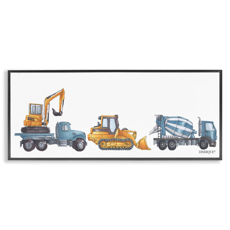 Construction Vehicles Driving Illustration Black Framed Giclee Art by Dishique, Midnight Black Framed Giclee