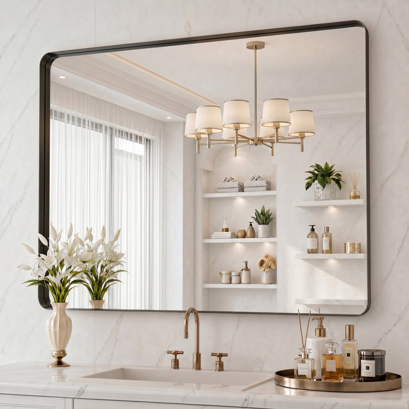 Lunara 1.18" Deep Rounded Corner Rectangular Bathroom Wall Mirror with Premium Tempered Glass & Aluminum Alloy Framed, Black
