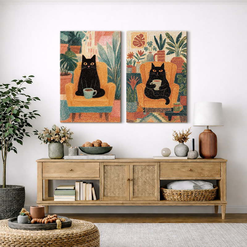 Cozy Black Cat, scène de café, images de salon, impression sur toile encadrée, 2 pièces, H 36 po x l 48 po, Toile tendue