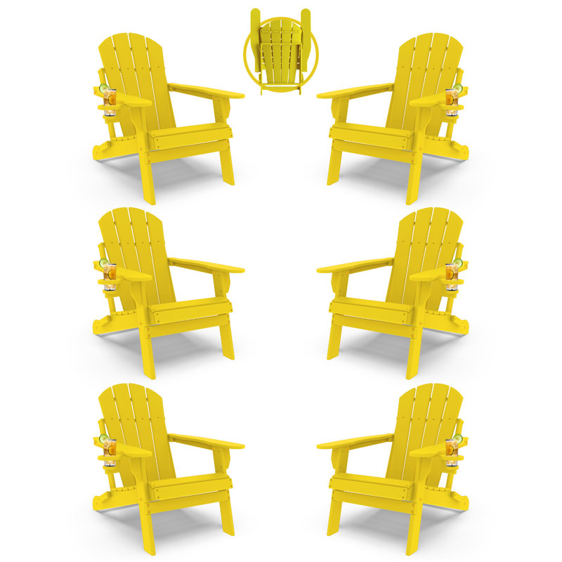 Chaise Adirondack pliante Hdpe pour l'extérieur avec porte-gobelet (ensemble de 6), Jaune