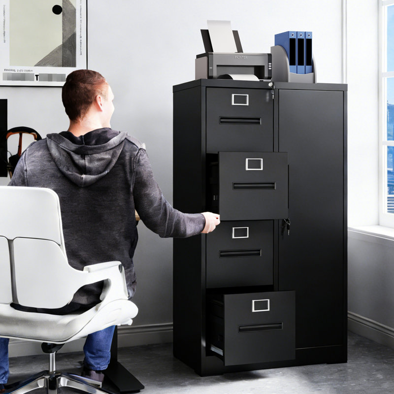 Metal Storage Vertical Filing Cabinet With Lock, Steel File Locker With 4 Drawers And 1 Door For School, Living Room, Bedroom, Office (Black)