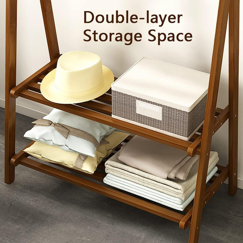 Support à vêtements pliable en bambou avec tablettes de rangement - Organisateur de vêtements autoportant pour chambre à coucher ou vestibule