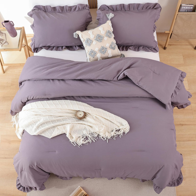 Ruffle Comforter Set 3 Pieces-Bedding for All Seasons Fluffy Vintage Farmhouse Comforter With Two Pillowcases, Grayish Purple