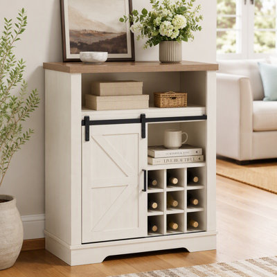 Armoire de rangement de style campagnard avec porte de grange coulissante et tablette à vin réglable, idéale pour la cuisine, le salon et plus encore