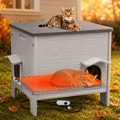 Weather-Resistant Outdoor Cat House with Heated Pad, Raised Base and Dual Entry, 26.8" W × 26.8" D × 21.2" H