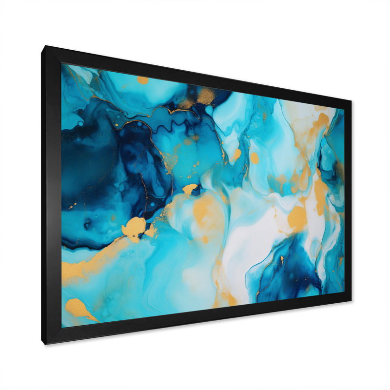 Turquoise luxueux, art fluide abstrait sur toile, H 12 po x l 20 po x P 1 po, Cadre photo noir