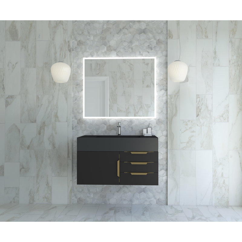 Ensemble de meuble-lavabo simple 36 po avec miroir Modern, Or, Noir, Noir