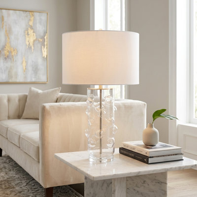 Lampe de table en verre avec détails en cristal et base cylindrique pour le salon - petite lampe moderne pour l'éclairage de la chambre à coucher, du chevet ou du bureau - Transparent