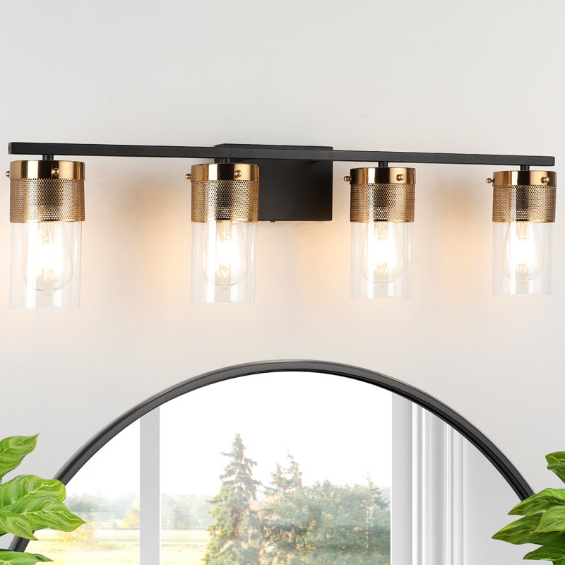 Black and Antique Brass Modern Vanity Light with Clear Glass Shade for Bathroom, 4 Lights