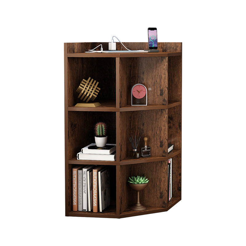 3-Tier Corner Cabinet Storage with USB Ports and Outlets,Corner Cube Storage Organizer for Small Spaces,Retro, Brown