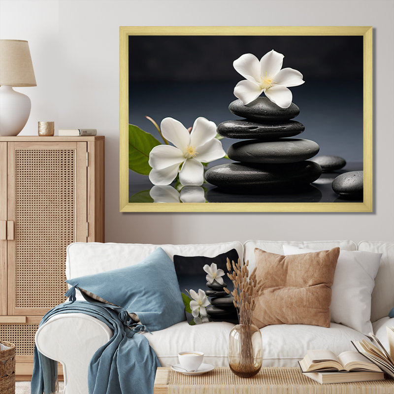 «Zen Black River Stone Blooming Magnolias», reproduction sur toile Lily, Cadre doré à une seule photo