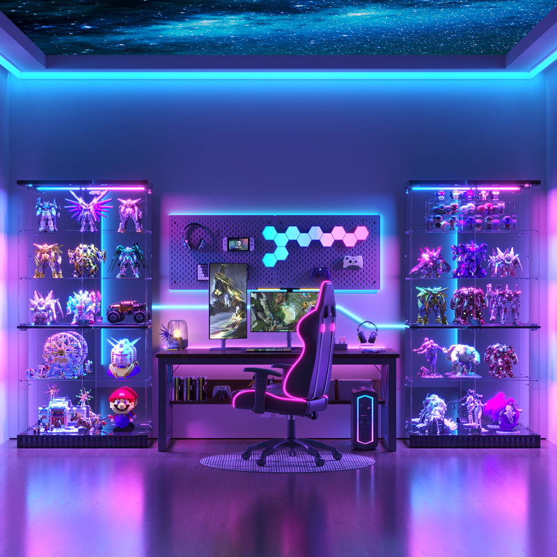 Vitrine en verre 67 po avec lumières RVB et armoire de rangement à 5 niveaux avec serrure, Noir