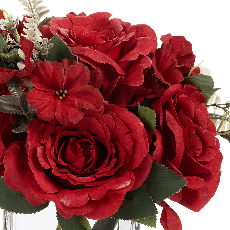 Arrangement de fleurs artificielles roses dans un vase en verre avec de l'eau artificielle (rouge), Rouge