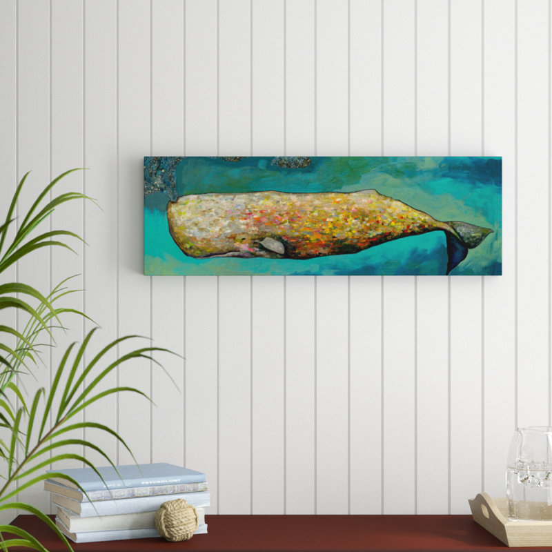 «Whale in Seafoam» par Eli Halpin - peinture sur toile tendue, H 18 po x l 54 po