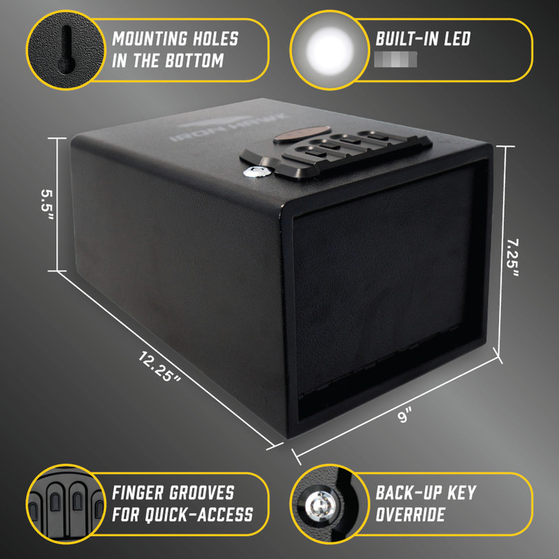 Quick Access Vault In Matte Black Steel For Large Musical Instruments Storage - 8.96 In. Width, 12.01 Depth, 7.24 Height, 8.59 Lb Weight, Width
