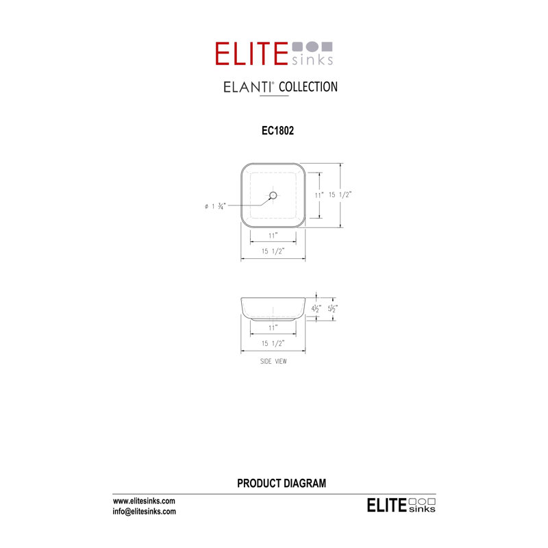 Elanti 15.5'' White Ceramic Square Bathroom Sink
