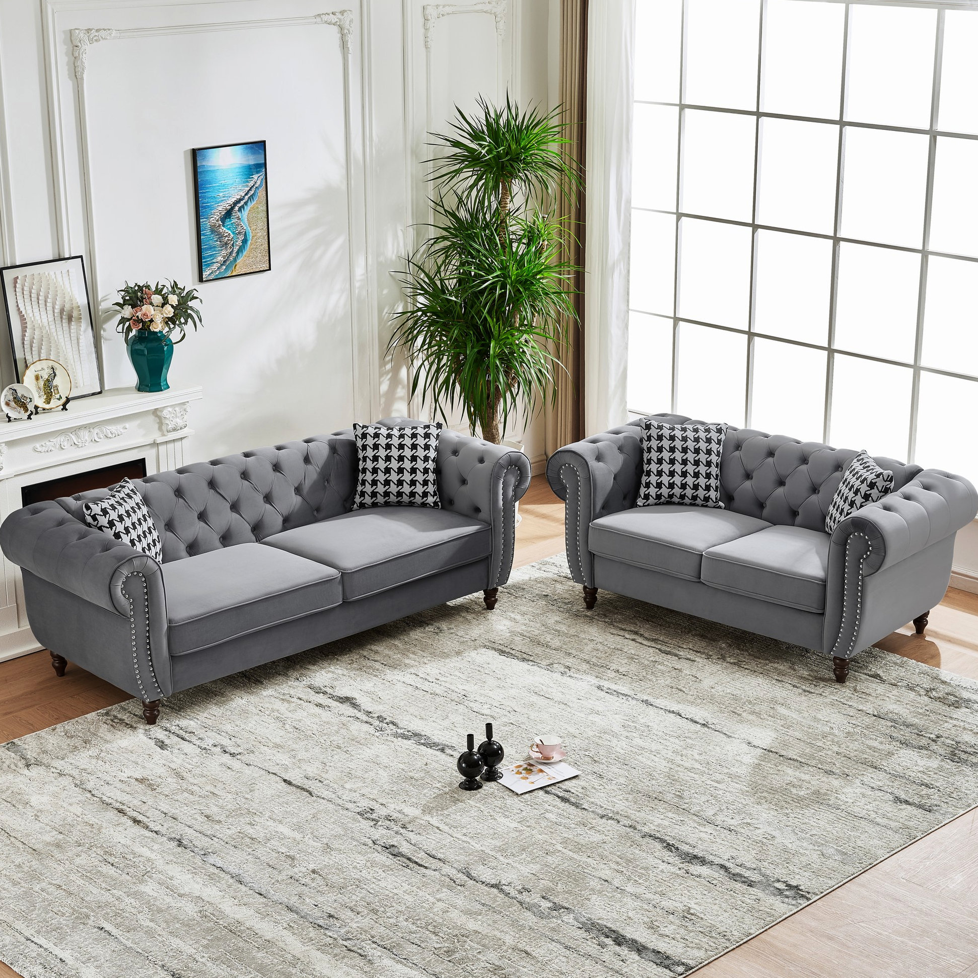 Latitude Run® 3+2 Seater Velvet Grey Couch With Rolled Arms And ...