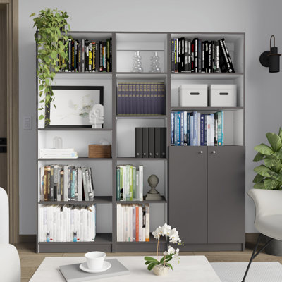 Poston 3 Piece Home Bookcase Set, 67" Wide With 13 Shelves And 2-Door Cabinet ,  Living Room Set  Matt Gray / White, Cabinet