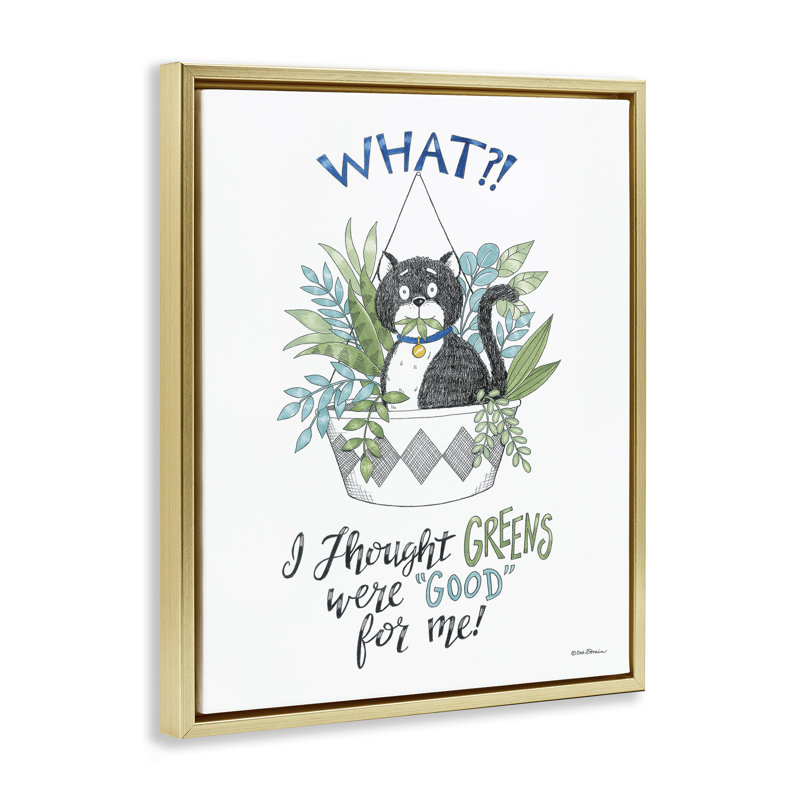 Drôle de chat mangeant une plante sur toile flottante par Deb Strain, Cadre flottant métallique doré, H 21 po x l 17 po