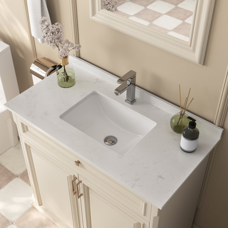 36" White Rectangular Single Vanity Top with Faucet Hole and Backsplash/Overflow (INCOMPLETE, Top Only)