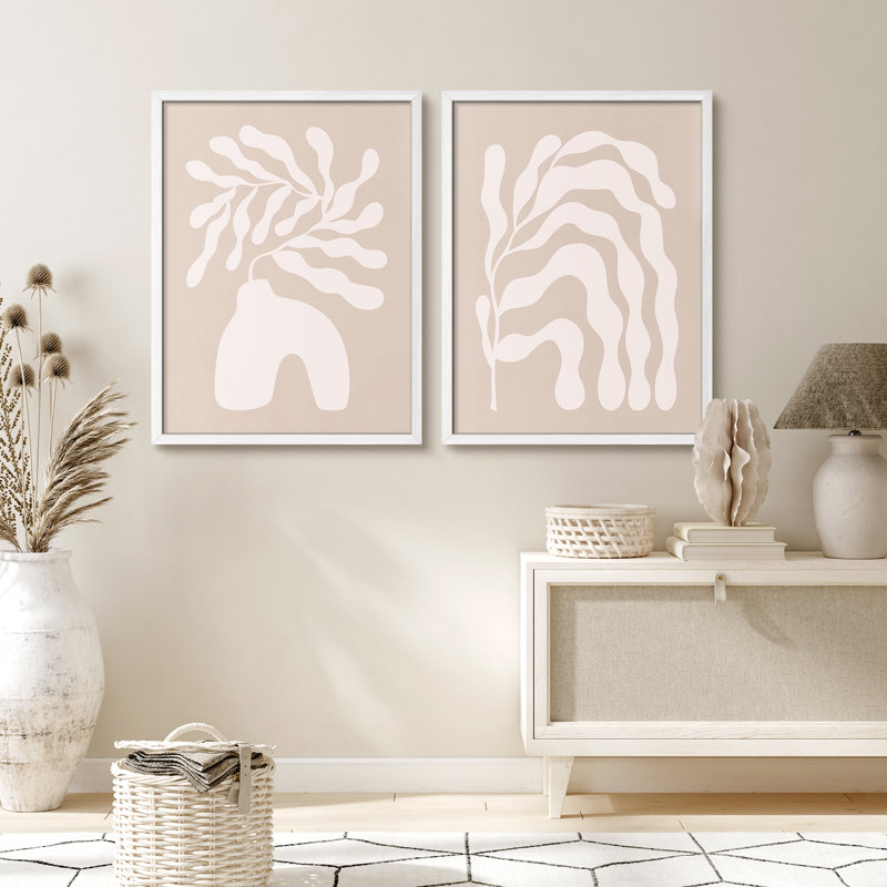 Abstrait botanique beige, œuvre d'art moderne, impression encadrée, affiche, salle de bain, petit art mural, Blanc