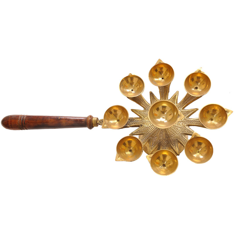 18 Inch Nine-Wick Brass Puja Diya - Large Handcrafted Hand-Held Ceremonial Oil Lamp for Hindu Ritual, Temple Ceremony & Festival Home Decor