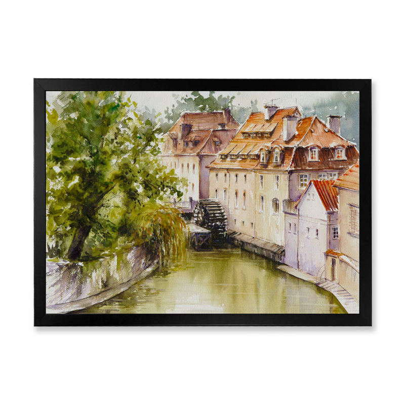 «Old Prague Watermill Over Chertovka River», reproduction d'art sur toile, Cadre noir, H 8 po x l 12 po x P 1 po