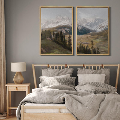 «Alpine Meadow And Mountain Range Rustic Cabin Nature Nature Wilderness Illustration Decor Scenic» 2 - Pièces sur toile
