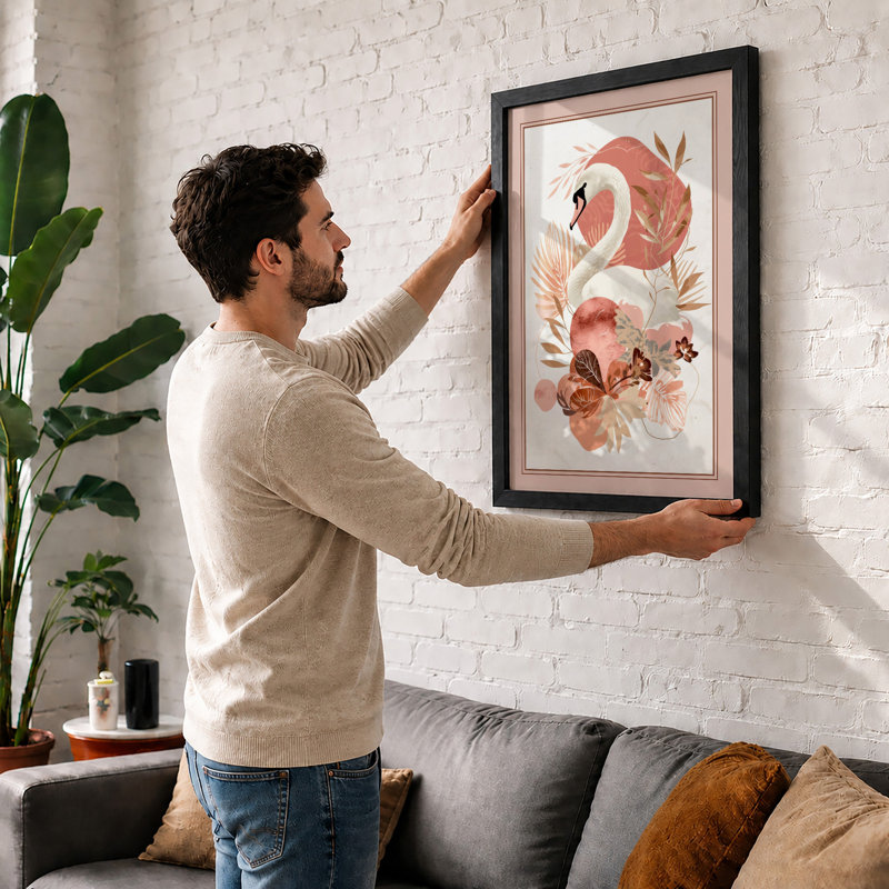 Flamingo in Bloom Botanical - Framed Print, A4 - 29.7 x 21.0 cm, Black