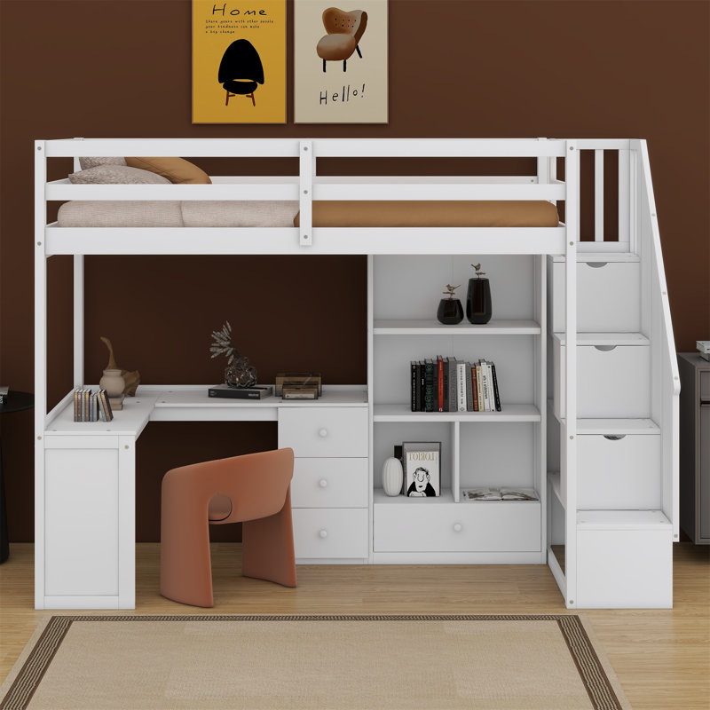 Loft Bed With L-Shaped Desk And Drawers, Cabinet And Storage Staircase, White