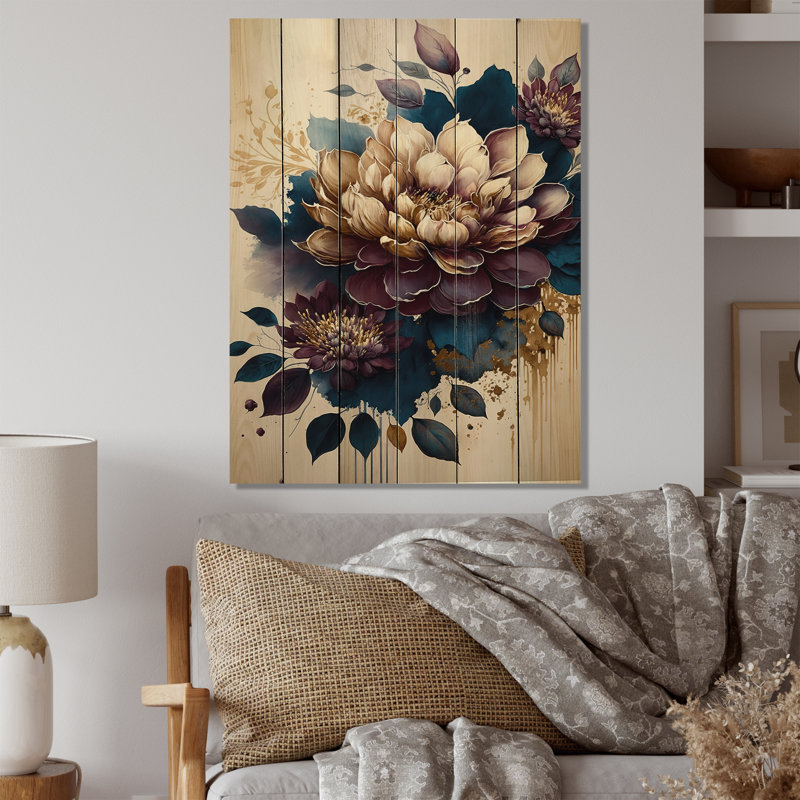 Dahlia bourgogne et bleu I - impression, H 32 po x l 16 po x P 1 po