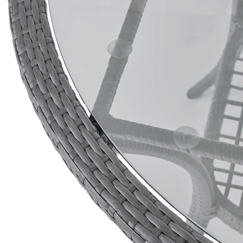 Round Wicker Rattan Side Table With Built-In Glass, Stylish Patio Tables Wicker Coffee Table For Outdoor Outside Patio Porch, Grey