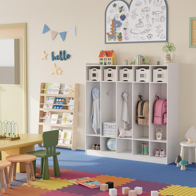 Classroom Coat Locker with 10 Cubbies & Hooks, 5-Section Storage Organizer for Home & School