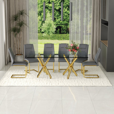 71'' Modern Rectangular Glass Dining Table Set With Gold Metal Legs And PU Chairs