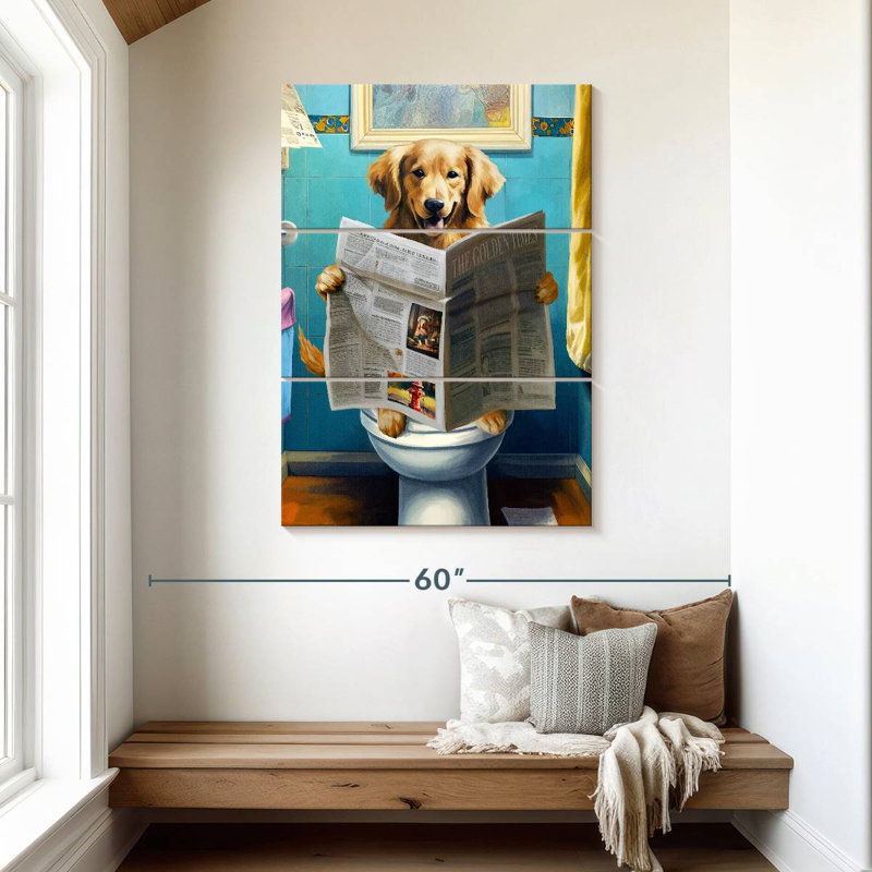 «Funny Animal Golden Retriever On A Toilette», ensemble de 3 reproductions sur toile 3 pièces, H 50 po x l 32 po x P 1,25 po