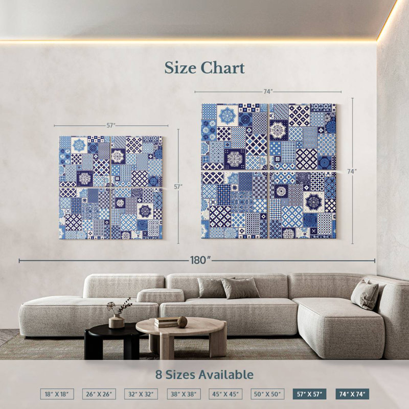 Blue Geometric Patchwork, 57" H x 57" W
