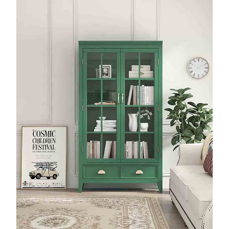Armoire de rangement classique à deux portes en bois d'hévéa avec deux tiroirs