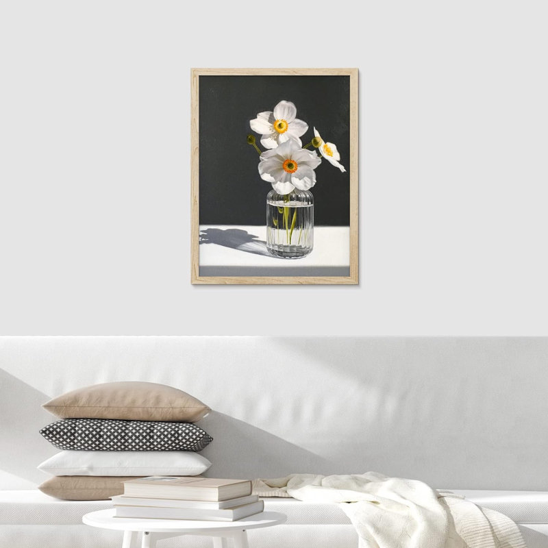 «White Gerbera Daisy Flower Glass Vase Wall Art Floral Botanical Prints Decor», œuvre d'art encadrée sur papier, Naturel