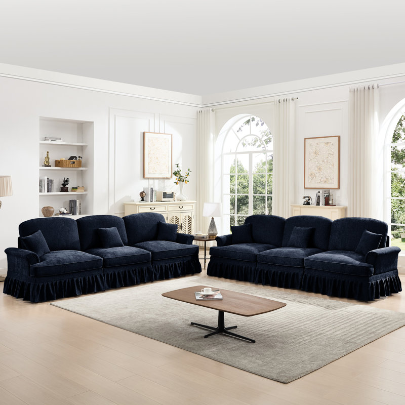Blue 3 - Seat Sleeper Couch With Silver Threaded Chenille, Curved Shape Cushion Back, Flared Arms, Removable Ruffles Pleats Skirts, And Spindle Legs, Different Arrangements Petal Shaped , Soft