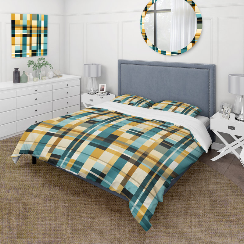 Yellow Chic Gingham Striped Pattern Plaid Duvet Cover, King Duvet Cover + 2 King Shams