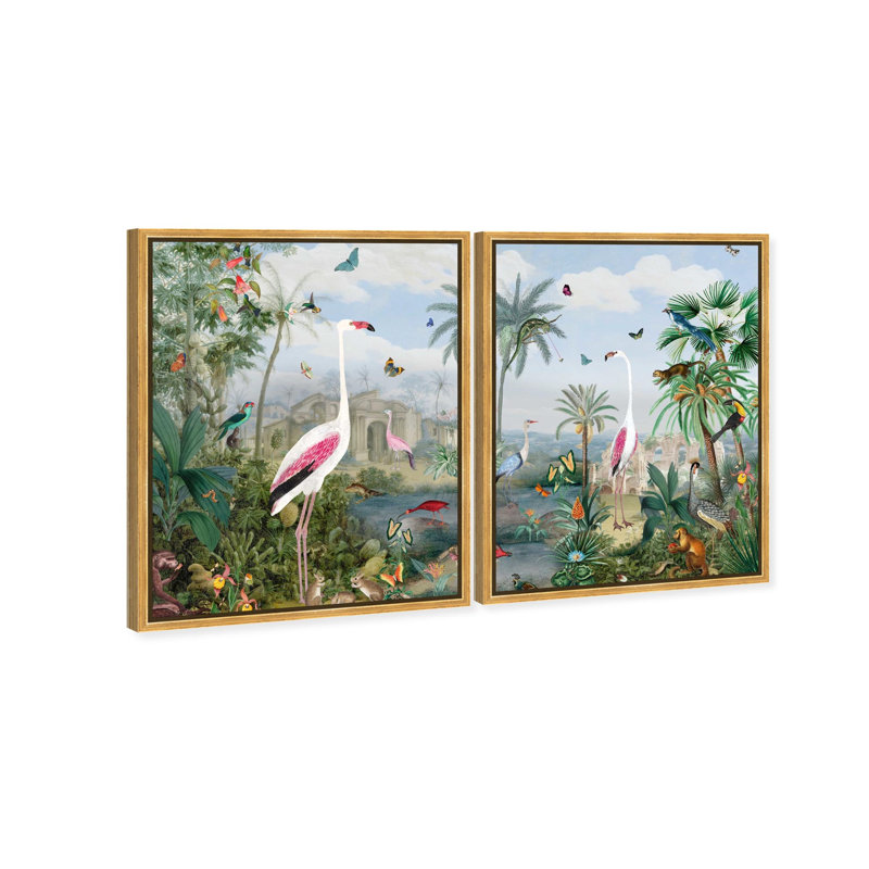 Oliver Gal Paradise Chinois Duo Animal Landscape - Heavy Gel Top Coat Framed Canvas Art, Gold, 31" H x 25" W