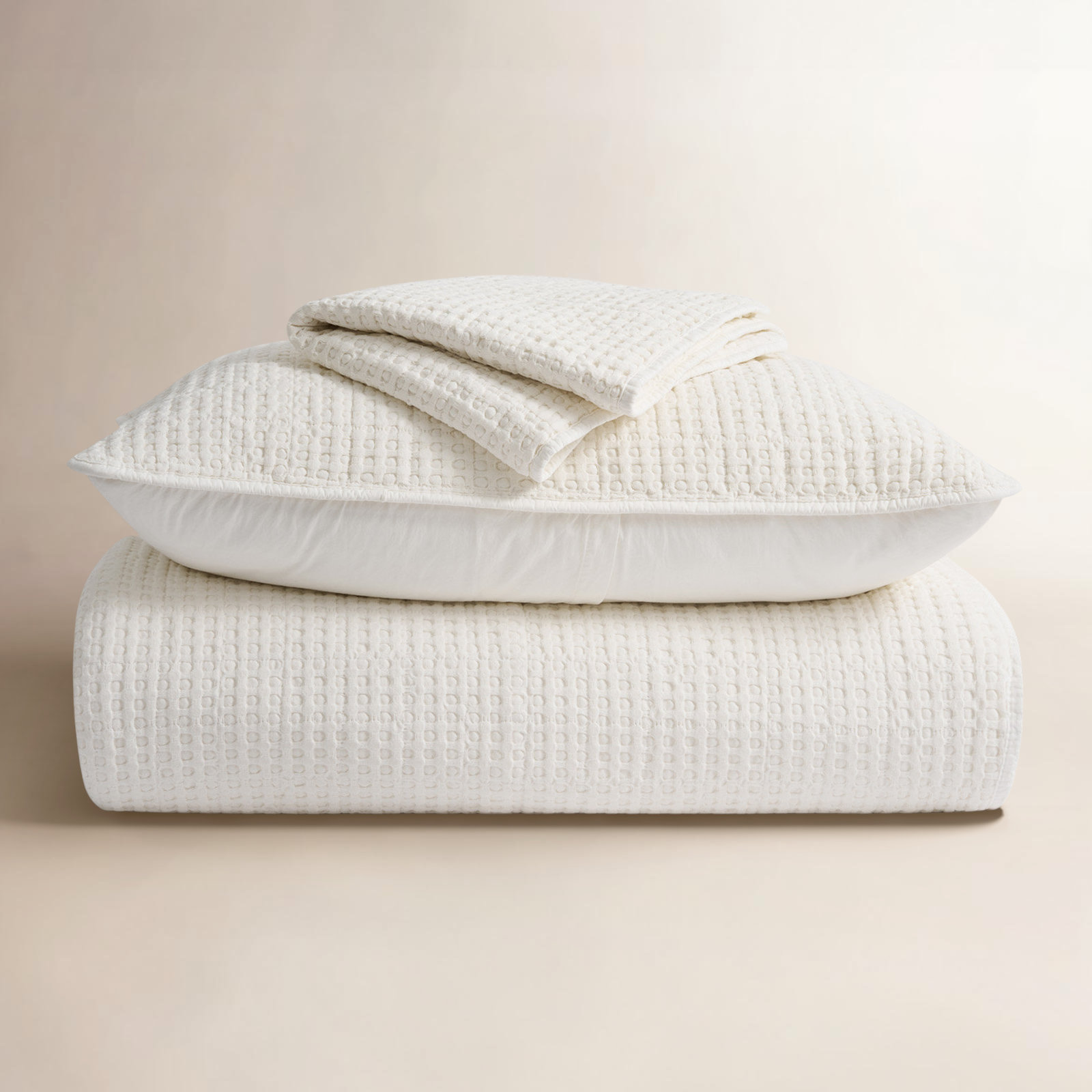 Waffle Cotton Quilt Set, Queen Quilt + 2 Standard Shams, Bright White