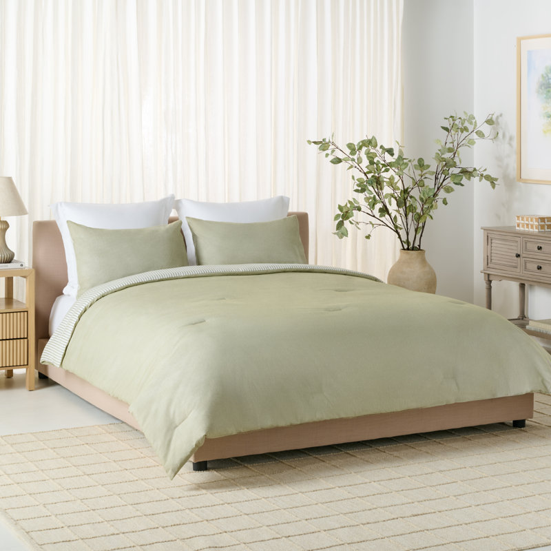 Ensemble d'édredon réversible à rayures, Olive / rayures blanches, Édredon pour très grand lit + 2 taies décorativ