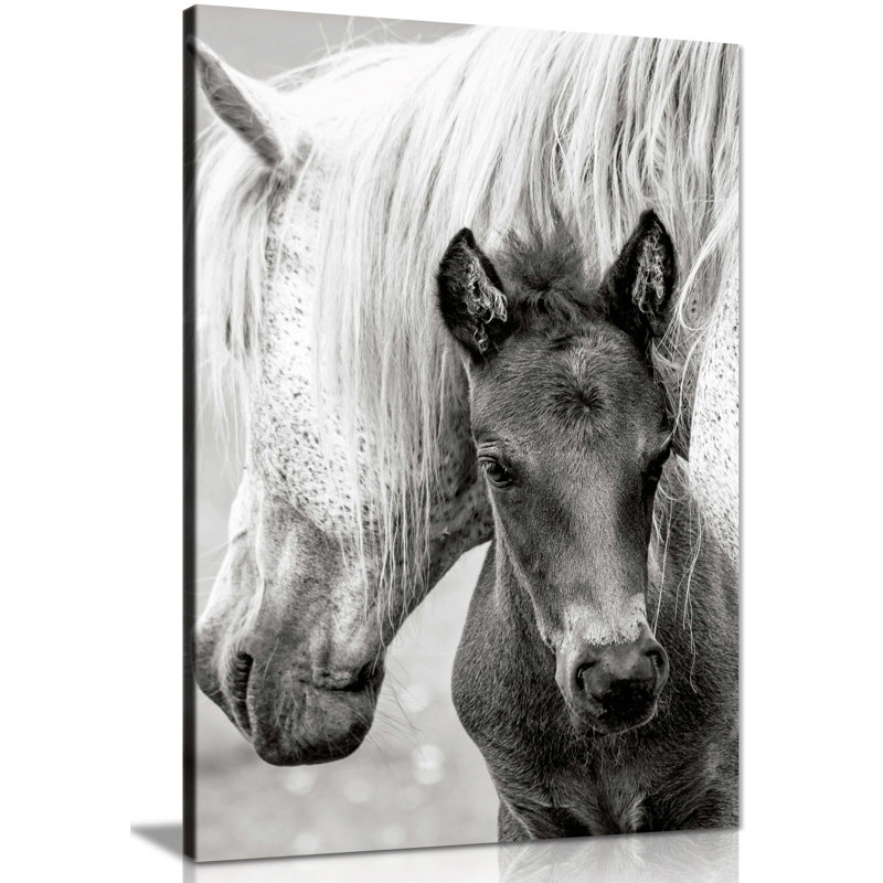 Panther Print Fine Art Prints Black & White Pony & Mother Affection Artistic Framed Canvas Prints, Pictures For Home Walls, Bedroom, Living Room & Bathroom Decor - Wrapped Canvas Art Prints
