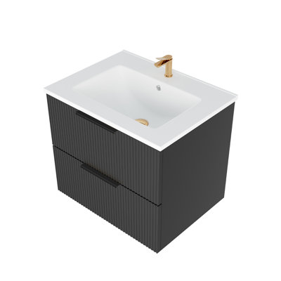 Meuble-lavabo flottant mural moderne noir de 24 po avec lavabo en céramique et tiroirs en forme de U, protège le fond, réduit les coins mortes, structure de l'armoire cannelée à rail de guidage, lisse et silencieuse