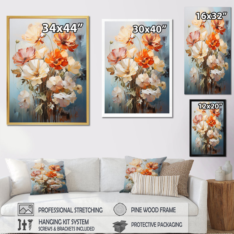 «White and Peach Daisies Romantic II», reproduction d'art sur toile florale, H 32 po x l 24 po x P 1 po, Encadrement doré